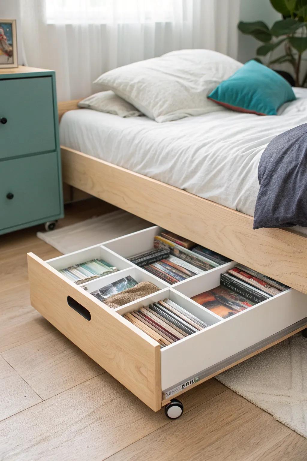 Under-bed rolling bin with dividers keeps DVDs tidy—hidden storage that saves precious space.