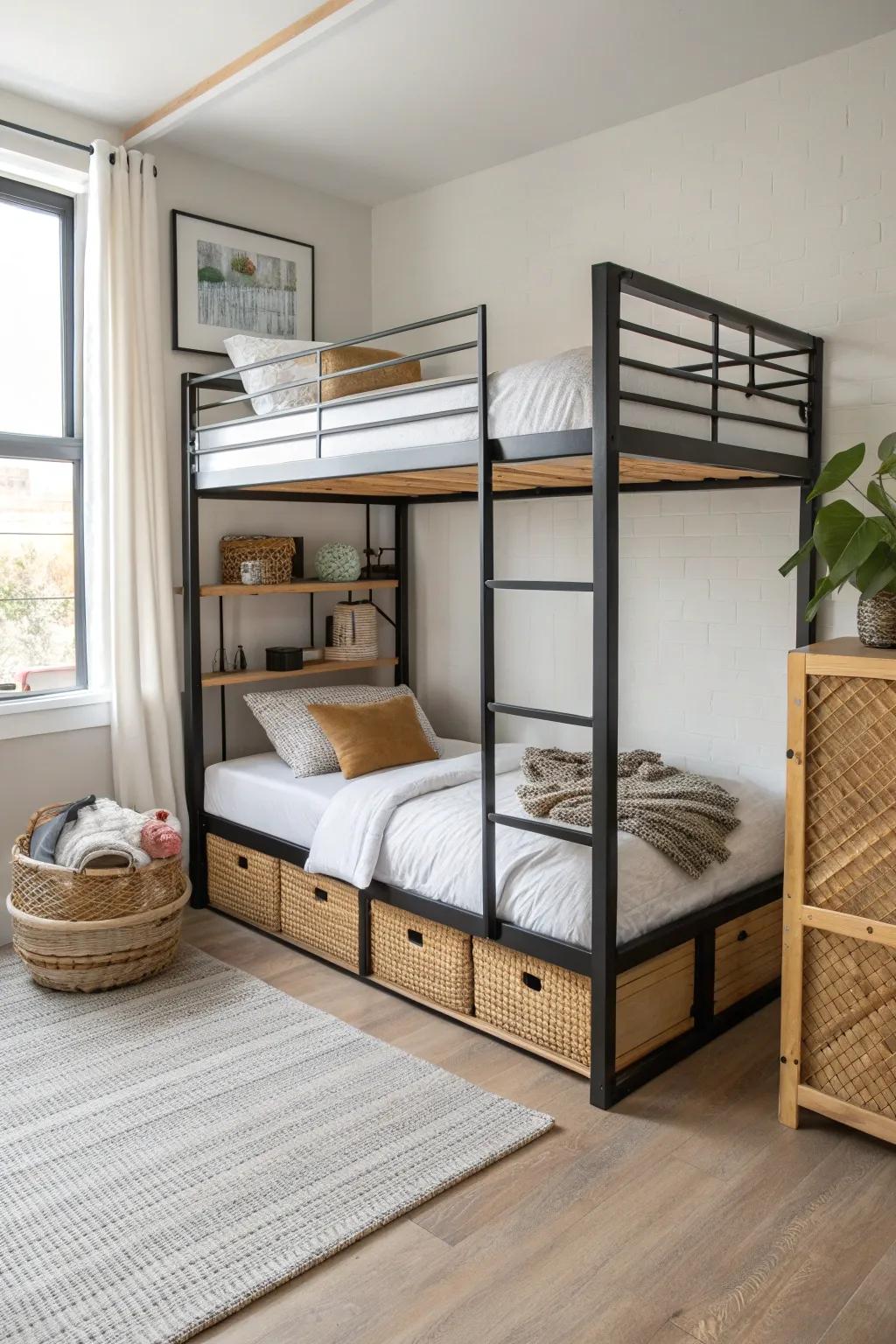 Simple twin bunk beds using E-track—two sleepers, slim footprint, clean Scandinavian style.