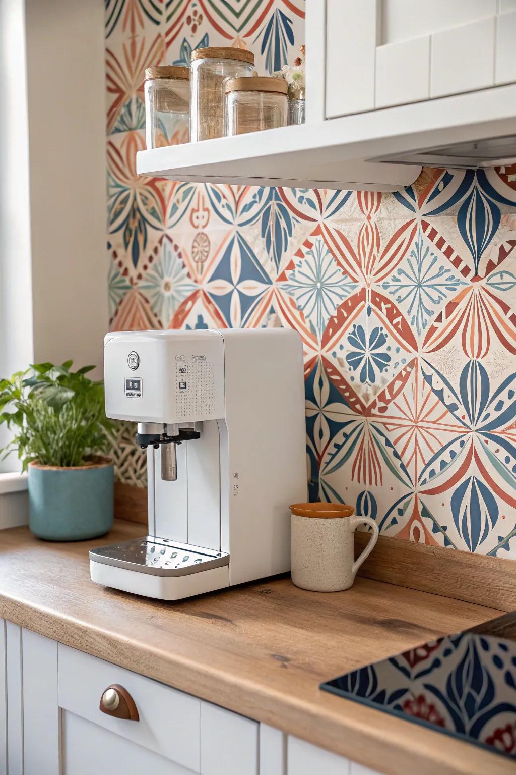 Peel-and-stick wallpaper behind the coffee station adds color fast—no tile, no commitment.