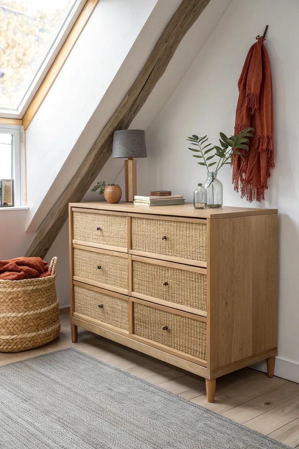 Low dresser under the eaves: easy-access storage for tees, socks, and workout gear.