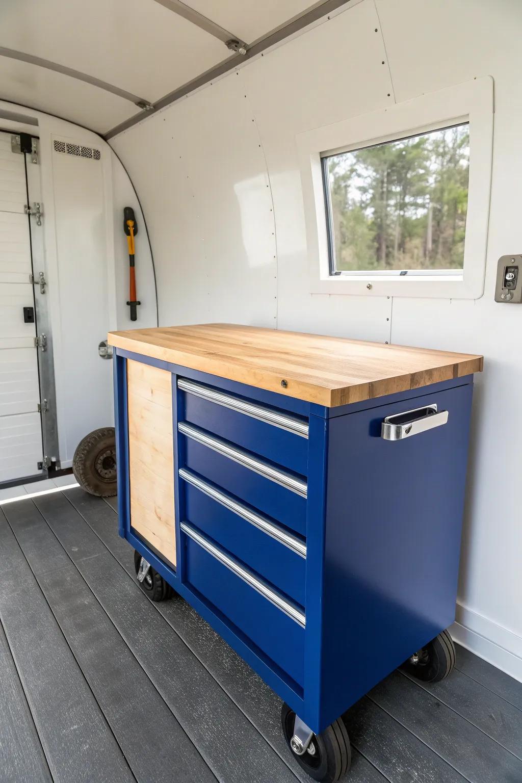 Rolling tool chest + butcher-block top: a sleek trailer workbench with instant drawer storage.