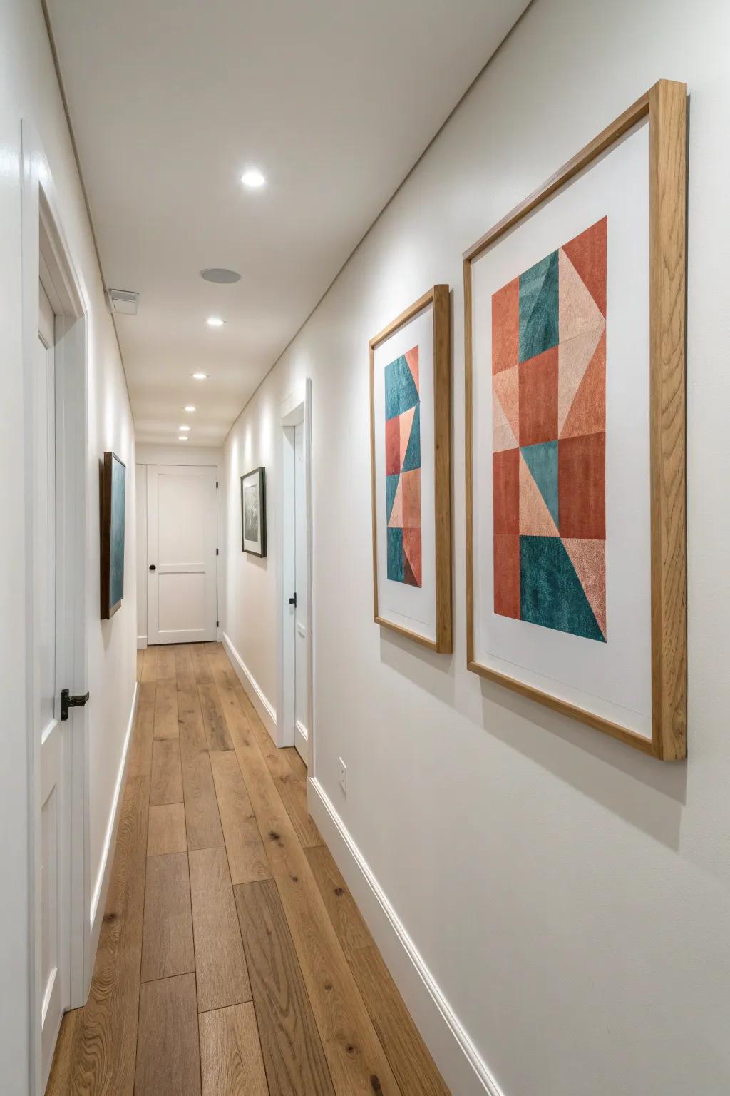 Two perfectly centered frames make the end of a narrow hallway feel instantly designed.