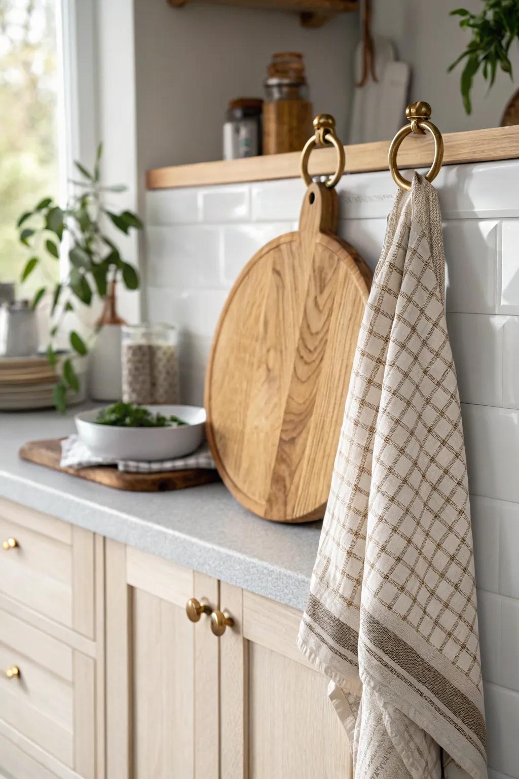 Hang cutting boards on cabinet-end hooks for cozy texture and easy grab-and-go storage.