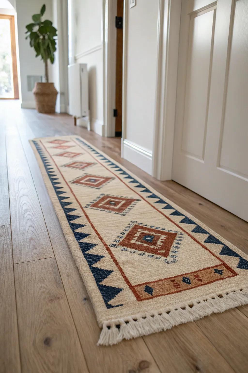 A sleek low-pile runner rug adds instant warmth and style to a modern entry hall.
