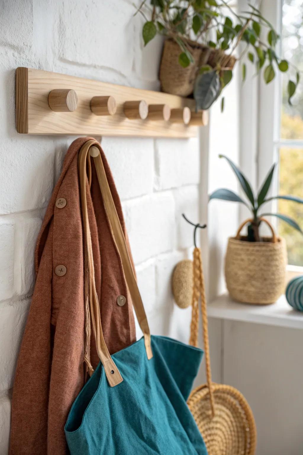 Handcrafted oak peg rail: hang coats and bags neatly—leave one hook empty for calm.