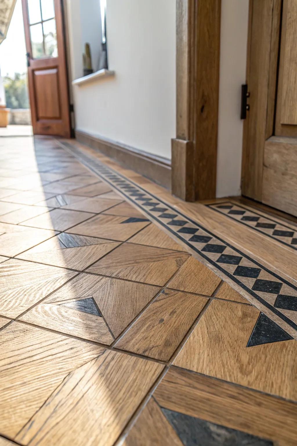 Wood-look porcelain tile turns a tiny entry into a wipe-clean mini mudroom—no scrubbing.