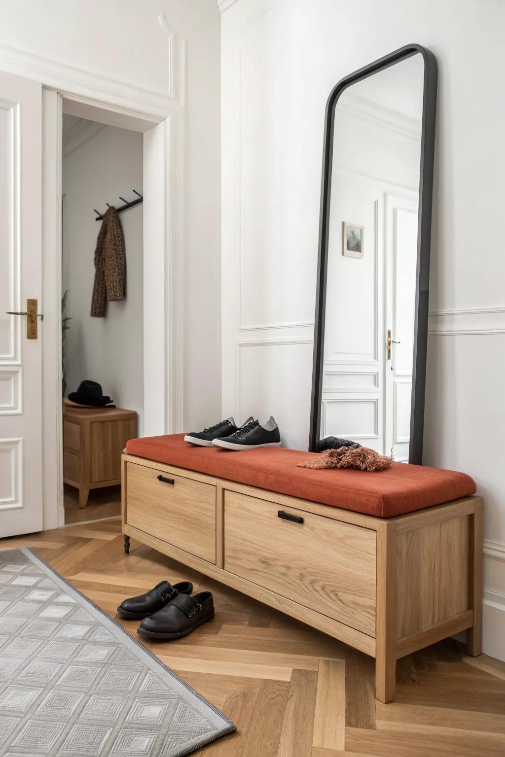 Small entryway win: a sleek storage bench with a full-length mirror for easy outfit checks.