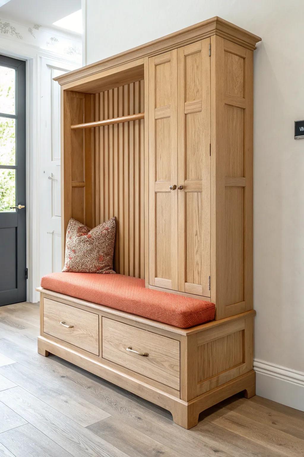 Minimal oak cabinet with a built‑in bench—stash the clutter and sit down to lace your shoes.