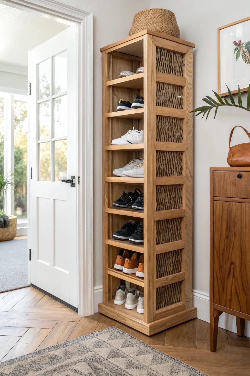A slim corner shoe tower keeps your weekly rotation tidy—no more sneaker pile by the door.
