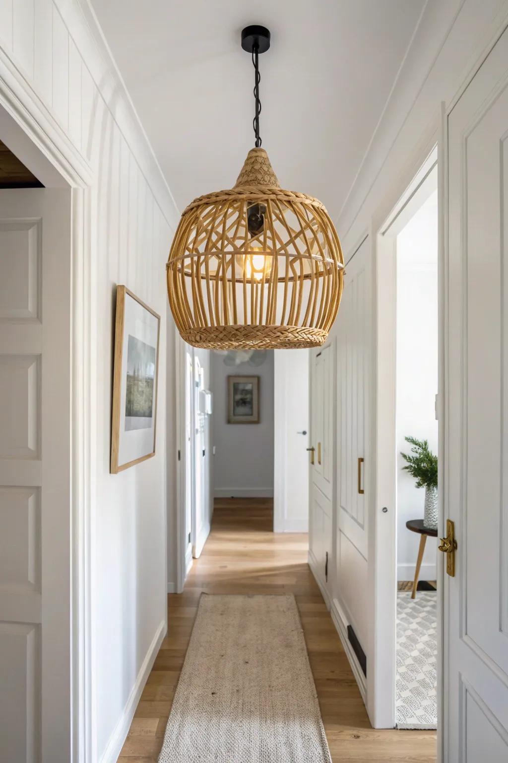 One bold ceiling light turns a small hallway into an intentional, welcoming entry.