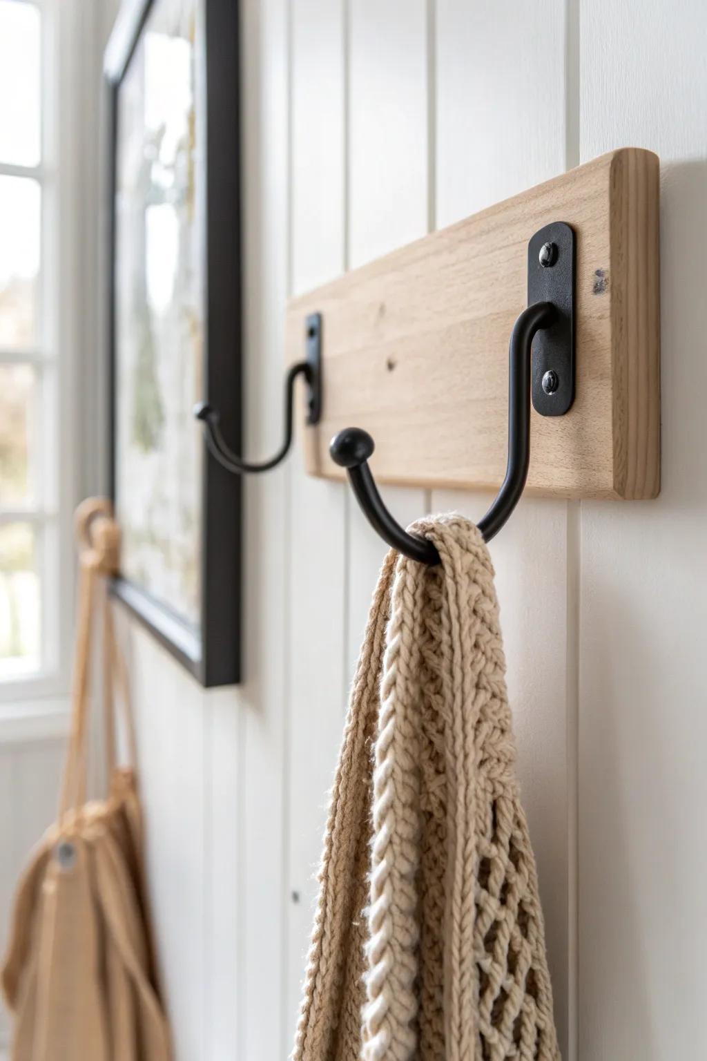Staggered hooks save space—no tangled straps, just a clean, airy entryway wall.