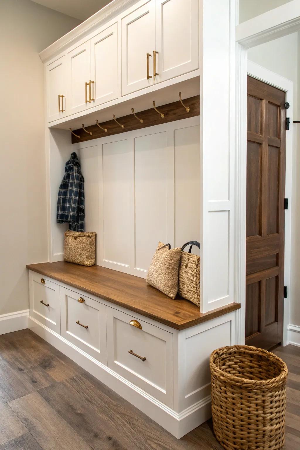 Two-tone mudroom bench: light cabinets + warm wood seat for a custom look in small spaces.