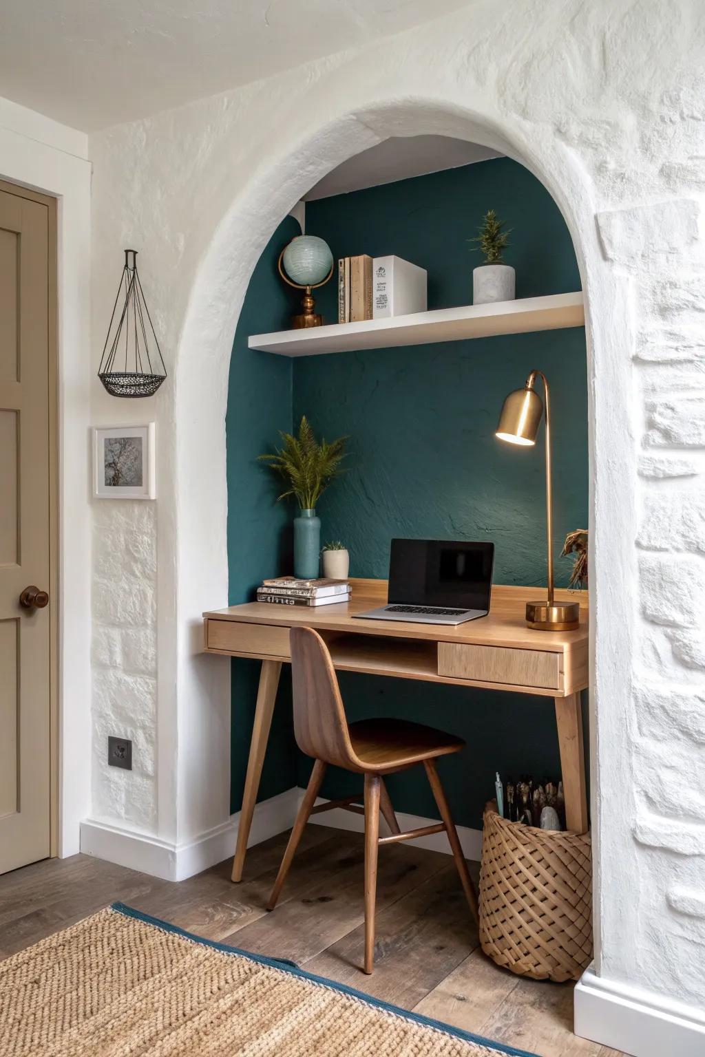 Turn an awkward entry alcove into a chic micro office with a built‑in desk moment.