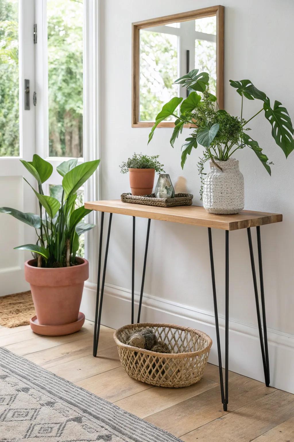 A slim console table + one leafy plant and a tiny buddy create an instant entryway landing zone.