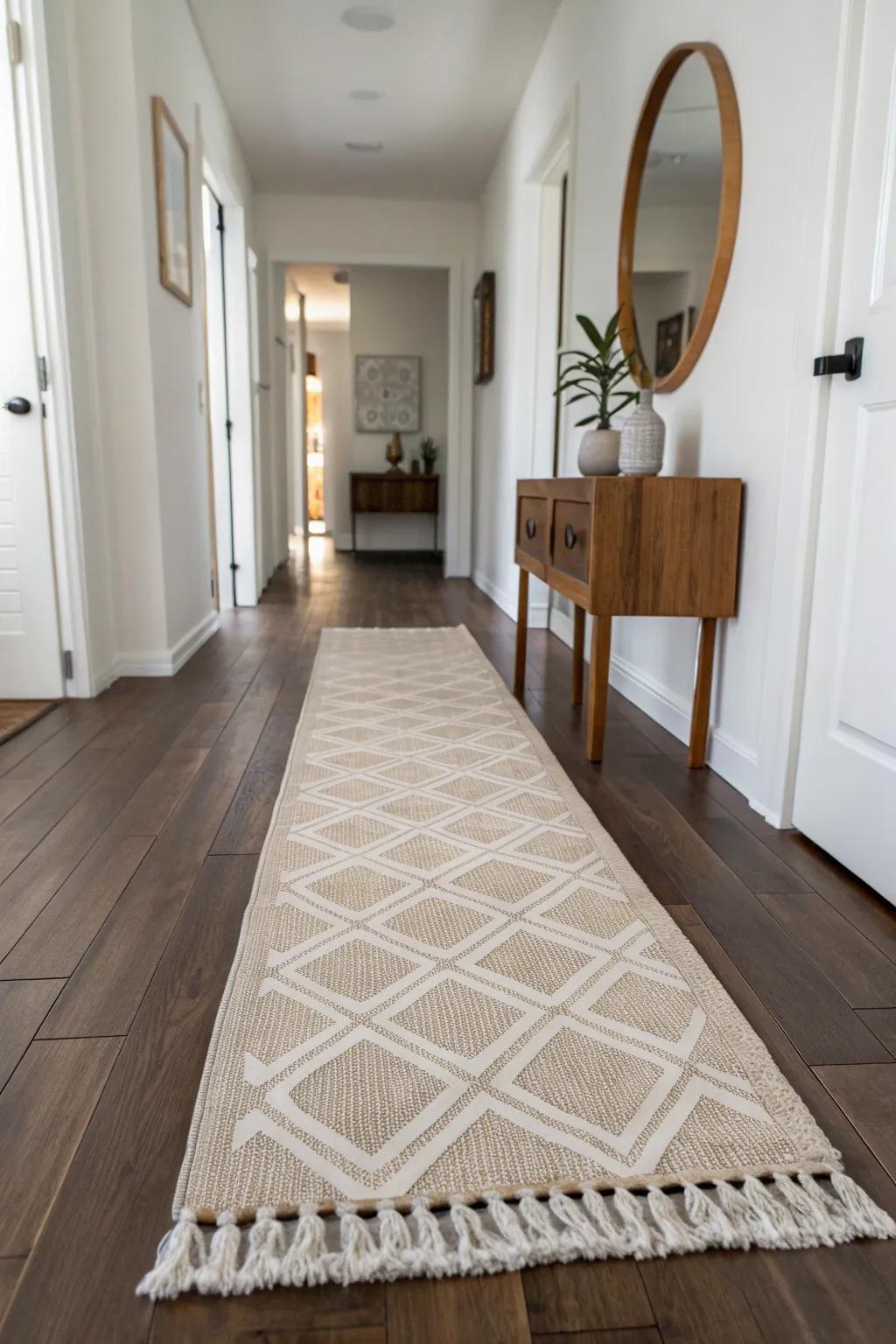 A soft neutral runner on warm wood keeps a tiny entryway airy, calm, and inviting.