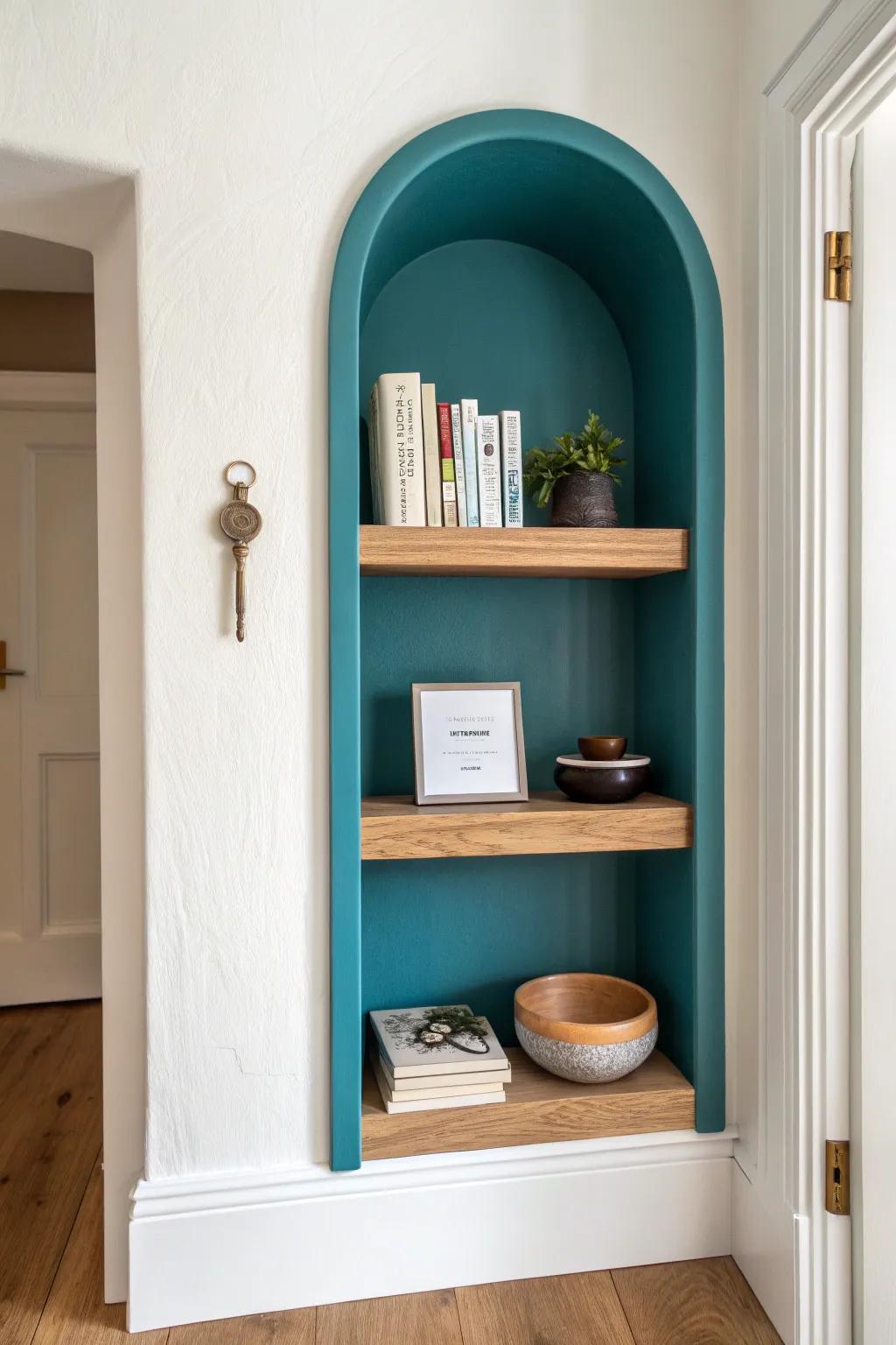 Two slim floating shelves in a wall niche—minimal styling for keys up top and a catchall below.