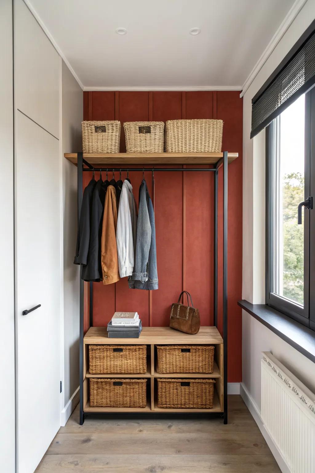 Go ceiling-high: add a top shelf to your exposed closet for chic, clutter-free storage.