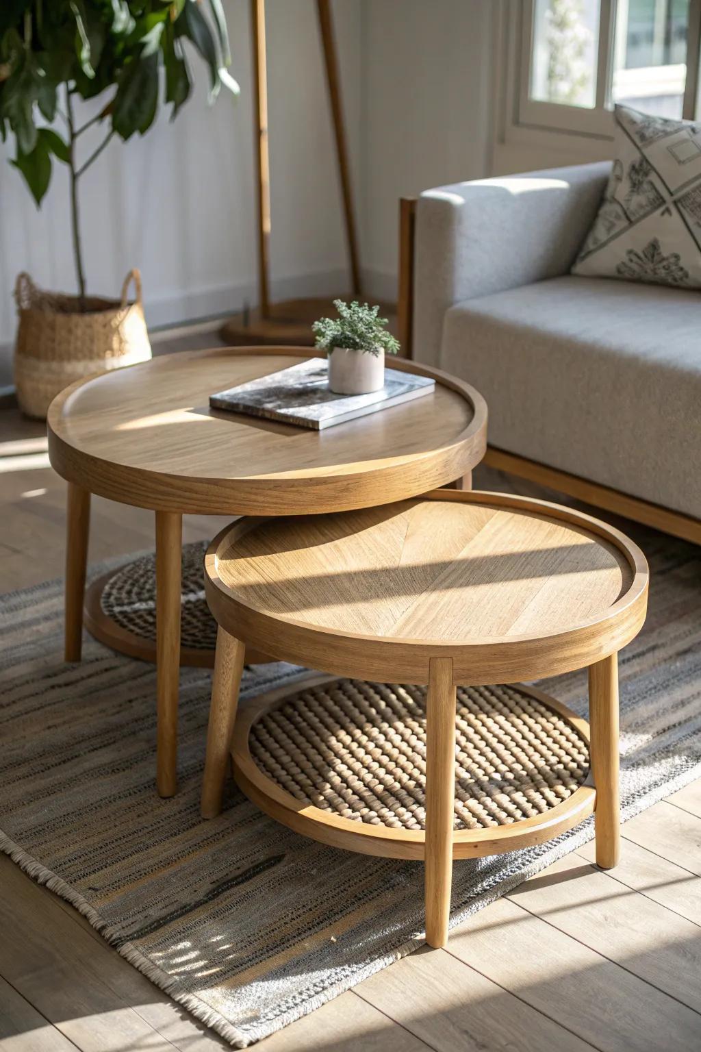 Round nesting coffee table: smooth flow in tiny living rooms, extra surface when you need it.