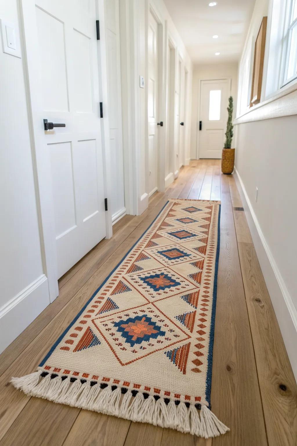 A bold vintage runner adds farmhouse warmth and makes a narrow hallway feel wider.