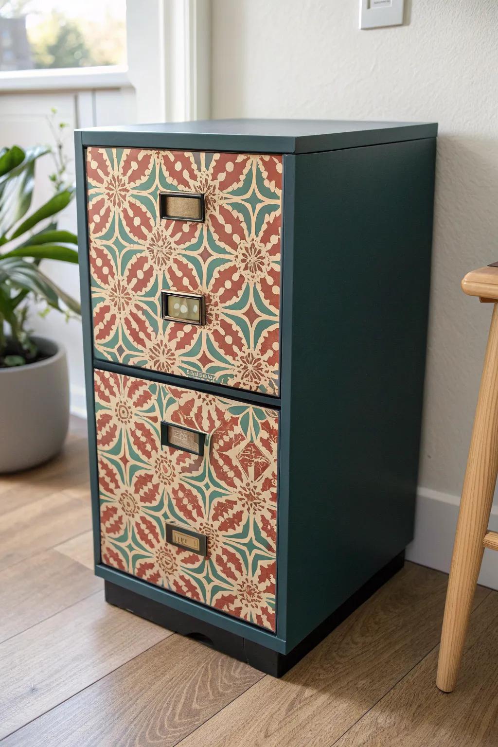 Renter-friendly file cabinet glow-up: peel-and-stick wallpaper drawer fronts for instant style.