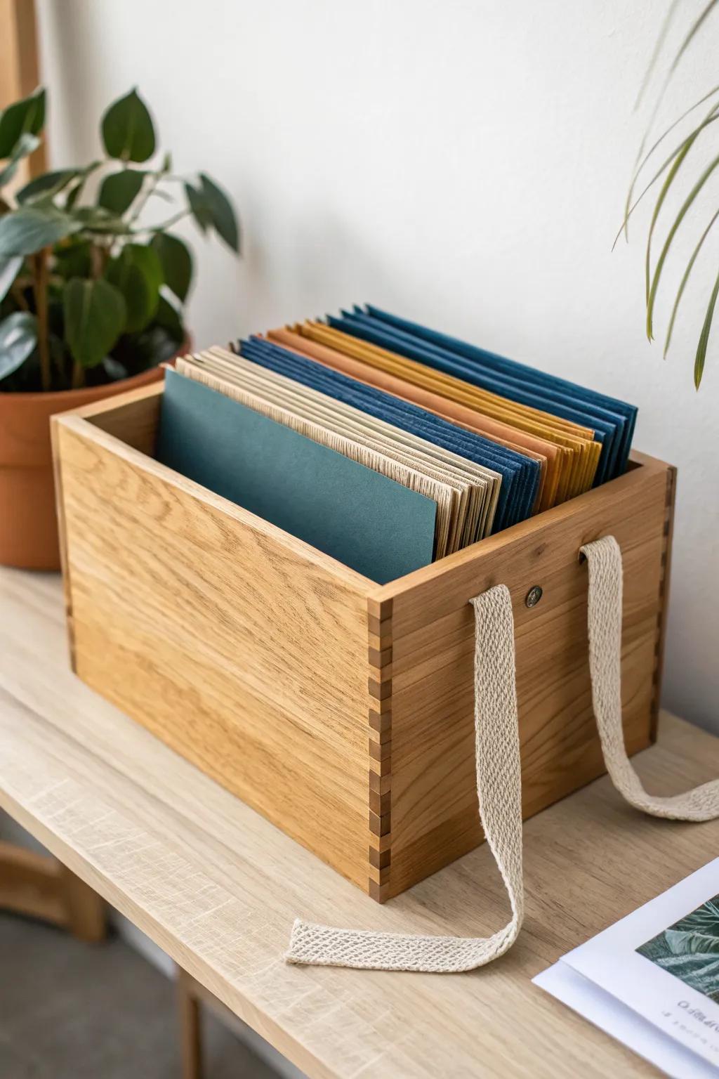 Color-coded folders in a sleek oak file box—fast sorting with bold, beautiful contrast.