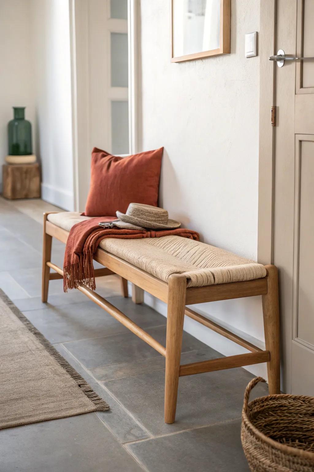 A slim entry bench creates a landing zone in tight hallways—no more shoe-balancing.