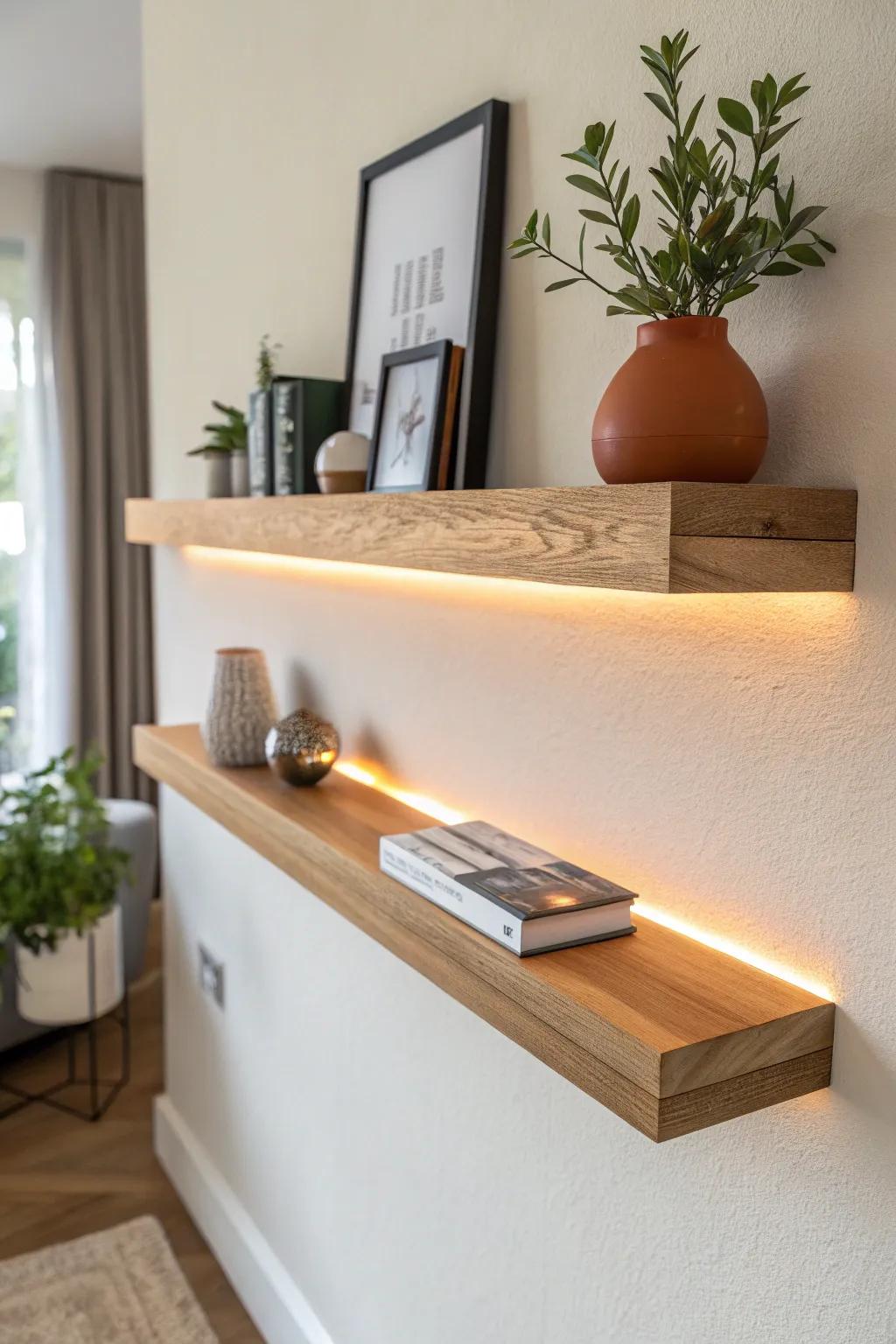 Create a floating halo: hide LEDs behind a slim shelf for a chic, boutique-style glow.