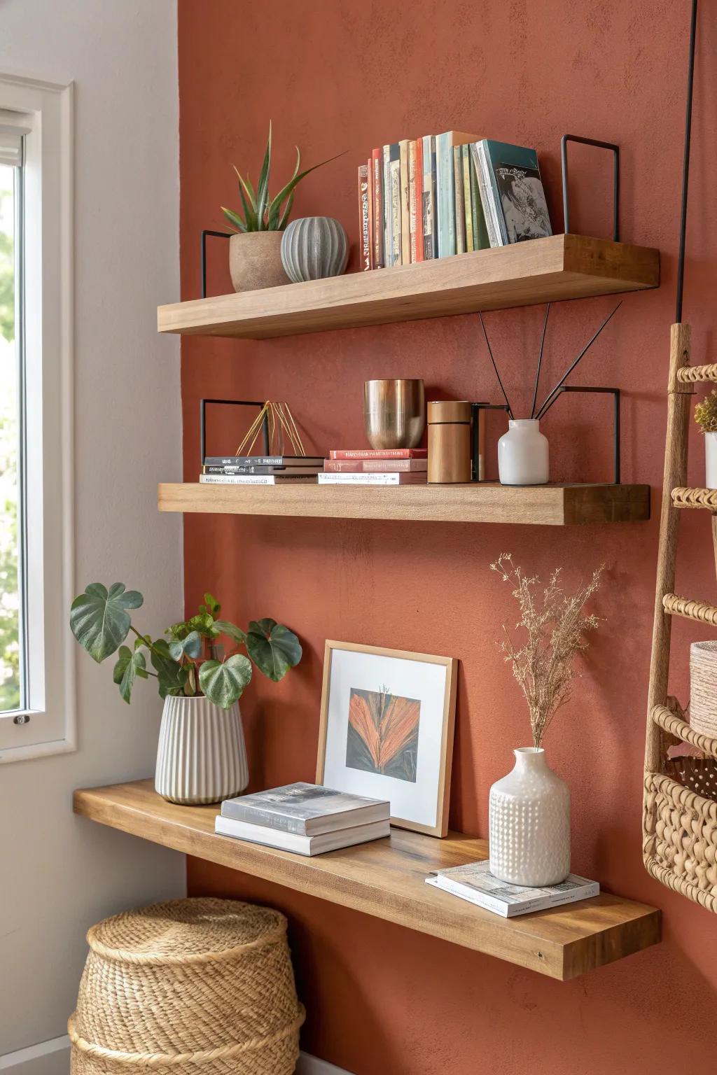 Staggered floating shelves bring designer movement above your desk—light up top, weight below.