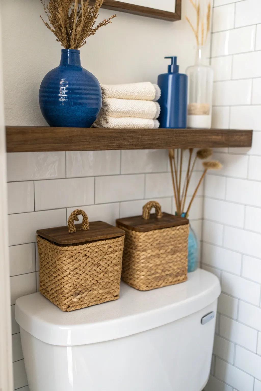 Symmetrical styling turns above-toilet floating shelves into calm, curated storage—every time.