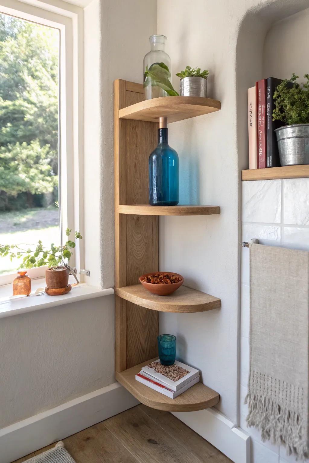 Corner floating shelf bar nook: bold bottle pop on warm oak in a minimalist wraparound design.
