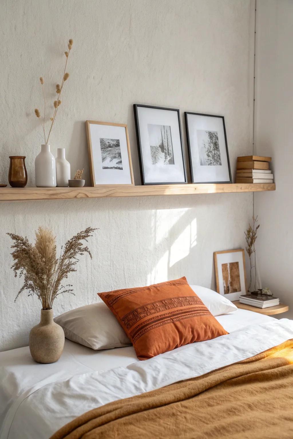 A slim picture ledge above the bed adds swap-friendly art without cluttering small spaces.