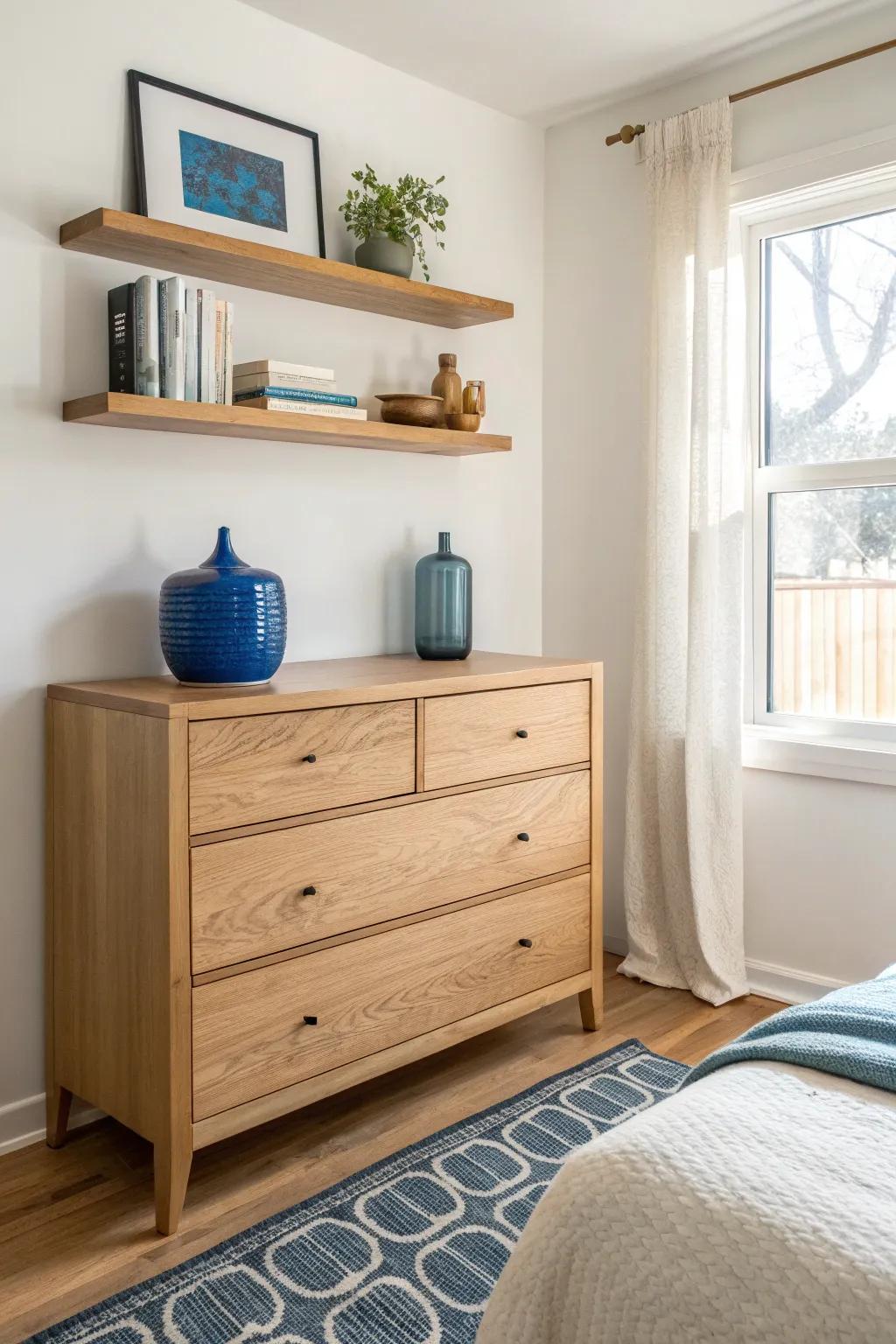 Try 2–3 floating shelves above a dresser for grab-and-go storage without bulky furniture.