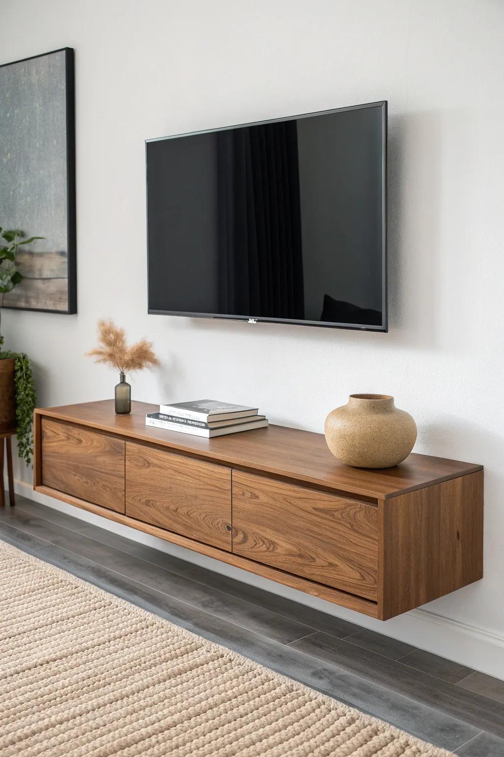 Warm walnut floating cabinet that adds cozy contrast to a modern TV wall—no floor clutter.