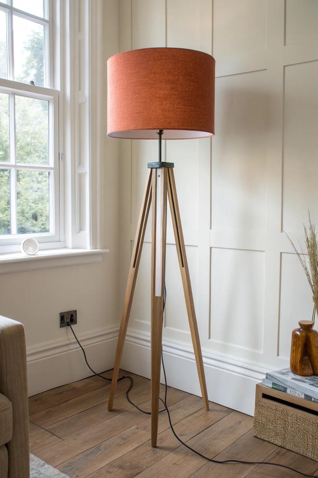 An airy tripod floor lamp adds statement style without weighing down a small living room.