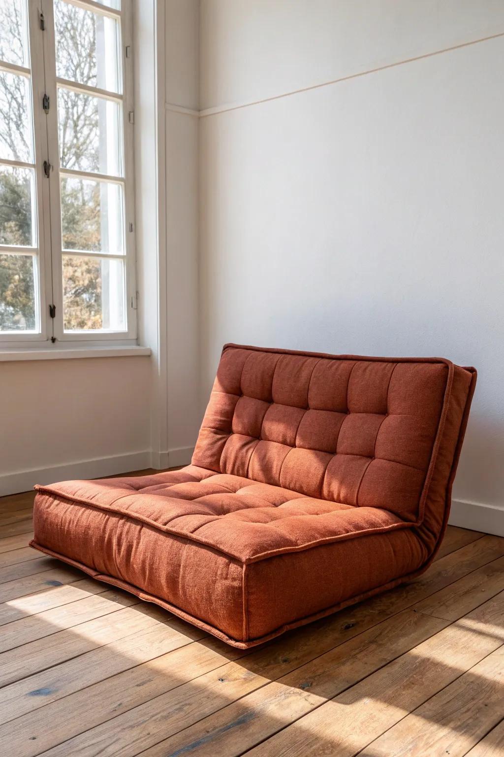 A bold terracotta floor sofa with back support—cozy movie nights without the wall slump.