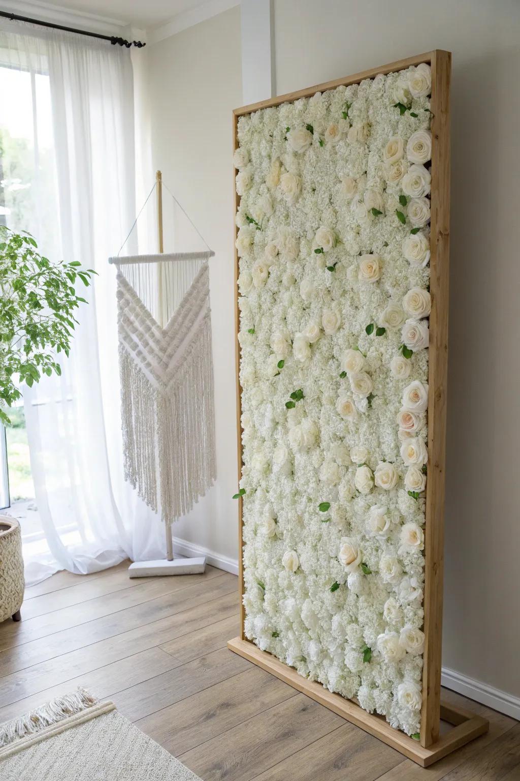 All-white flower wall: the clean, bright backdrop that makes every outfit pop in small spaces.