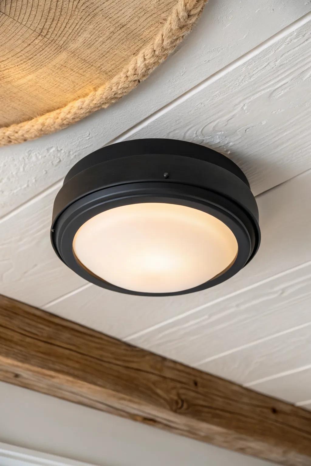 Matte black flush mount: the easiest way to add modern contrast to a warm, minimal entry.