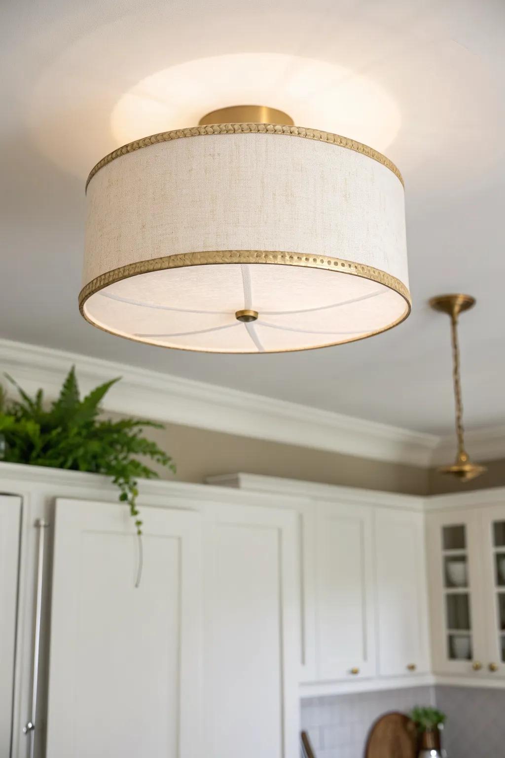 Slim linen drum flush mount: warm, cozy light that makes a small kitchen feel room-like.