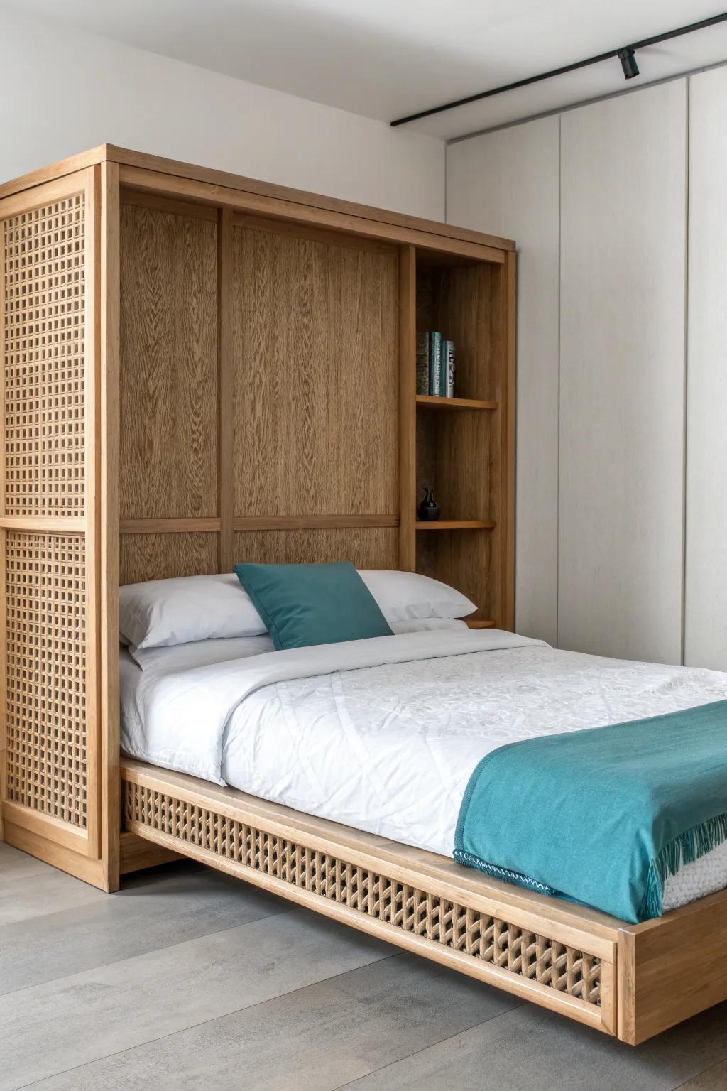 Fold-down wall bed that tucks away a cozy sleep setup—studio style with zero clutter.