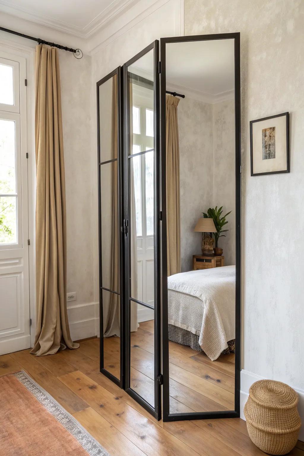 Mirrored bi-fold doors brighten a small room—like adding a window and a full-length mirror.