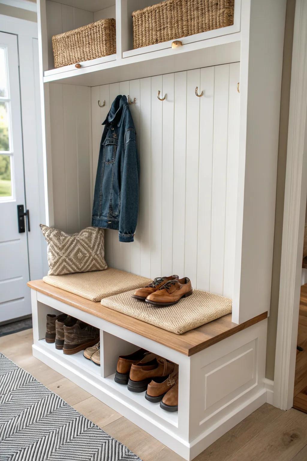 A built-in closet bench creates the perfect shoe spot—sit, slip on, and store pairs underneath.