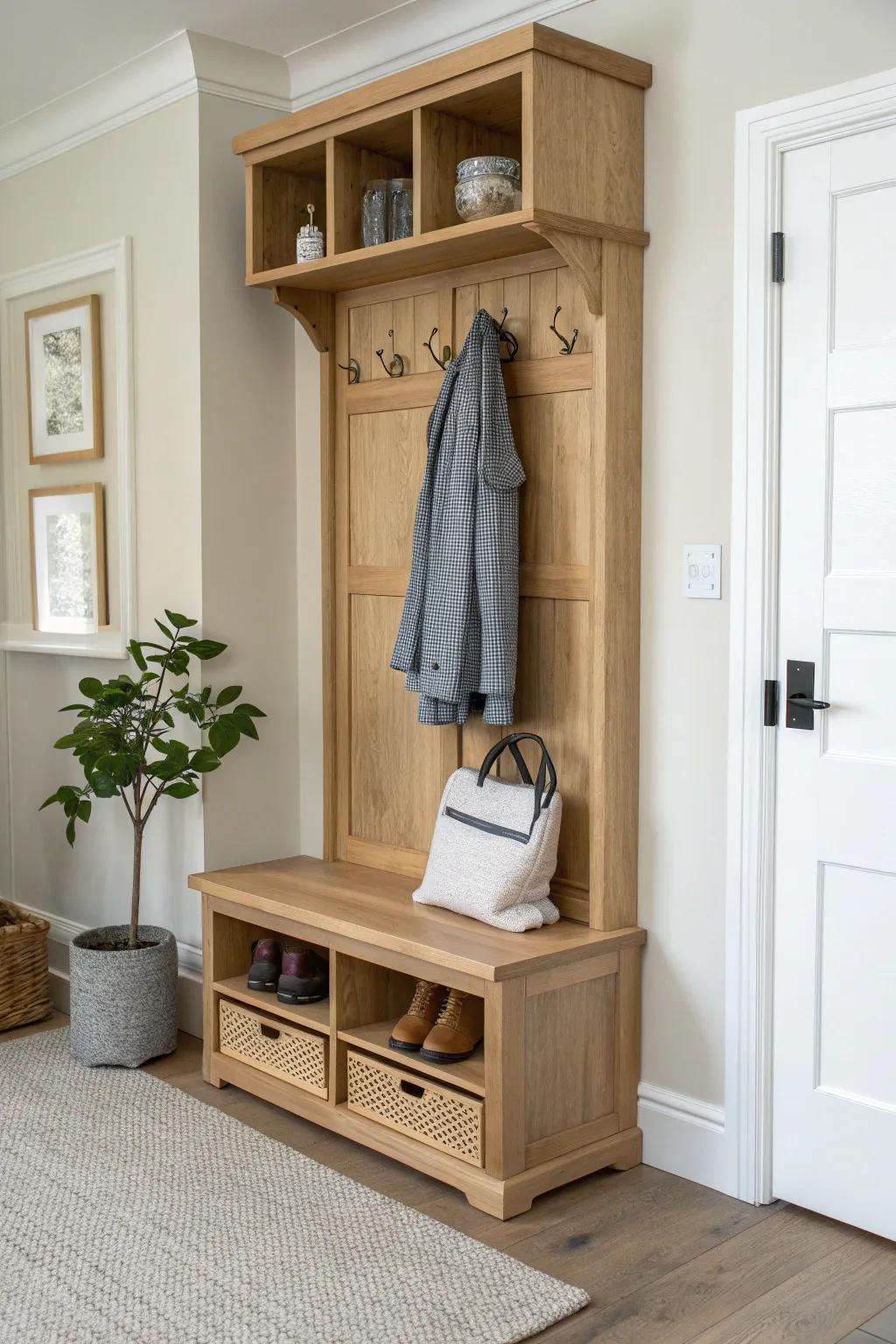 Slim hall tree with shoe cubbies—keeps coats and bags corralled and floors shoe-free.