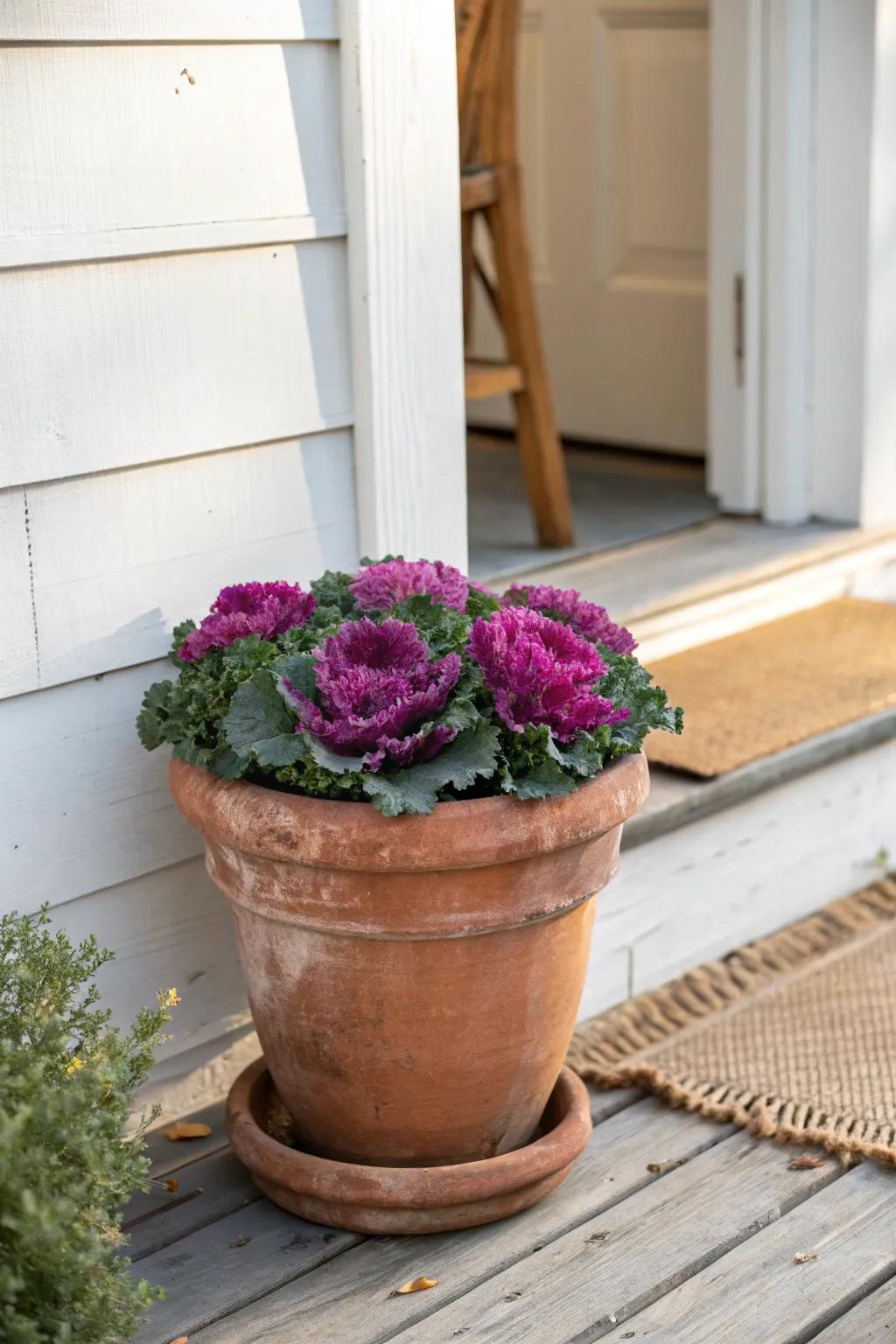 Ornamental kale and bright mums for a rich, layered fall porch planter that loves cool nights.