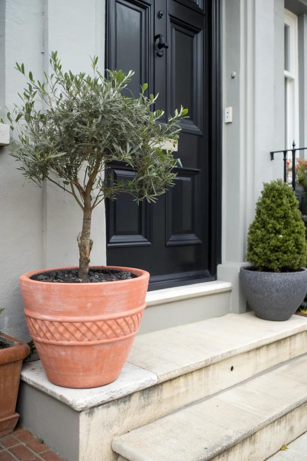 Matching planters frame your front door for an instantly balanced, welcoming small-stoop look.