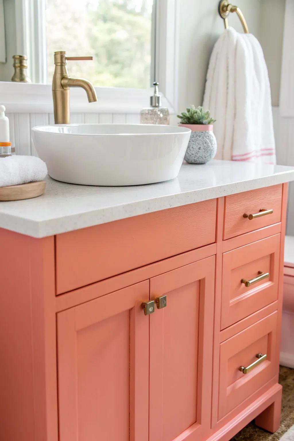 A punchy high-gloss vanity color instantly makes a small bathroom feel bright and joyful.