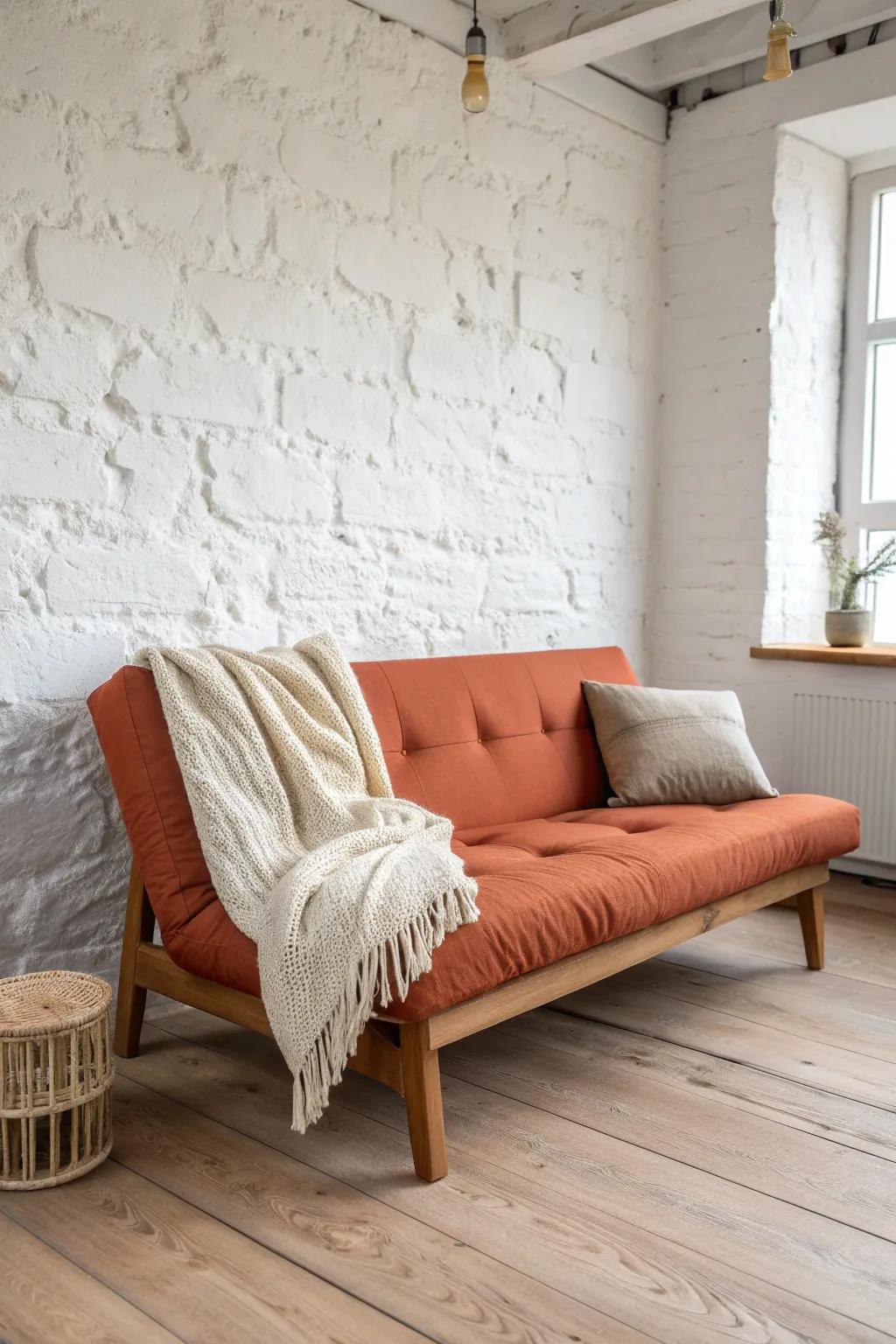 Push the futon to the wall and let the center stay open—instant airy studio vibes.