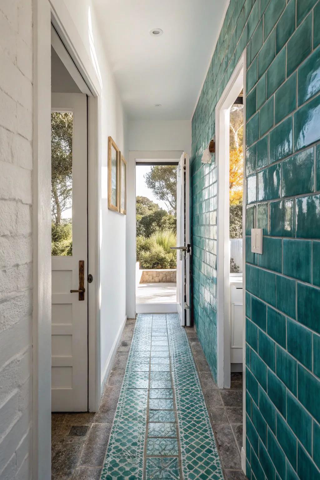 Bold zellige tile at the far end makes a galley bathroom feel longer—and intentionally styled.