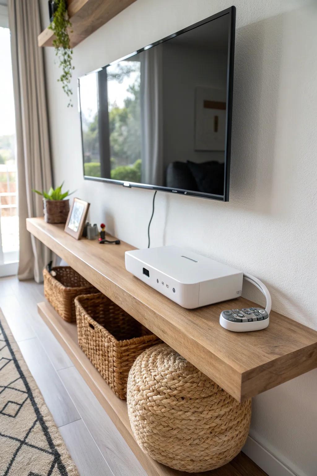 Floating shelf beside the TV keeps consoles off surfaces—measure depth twice for a clean fit.