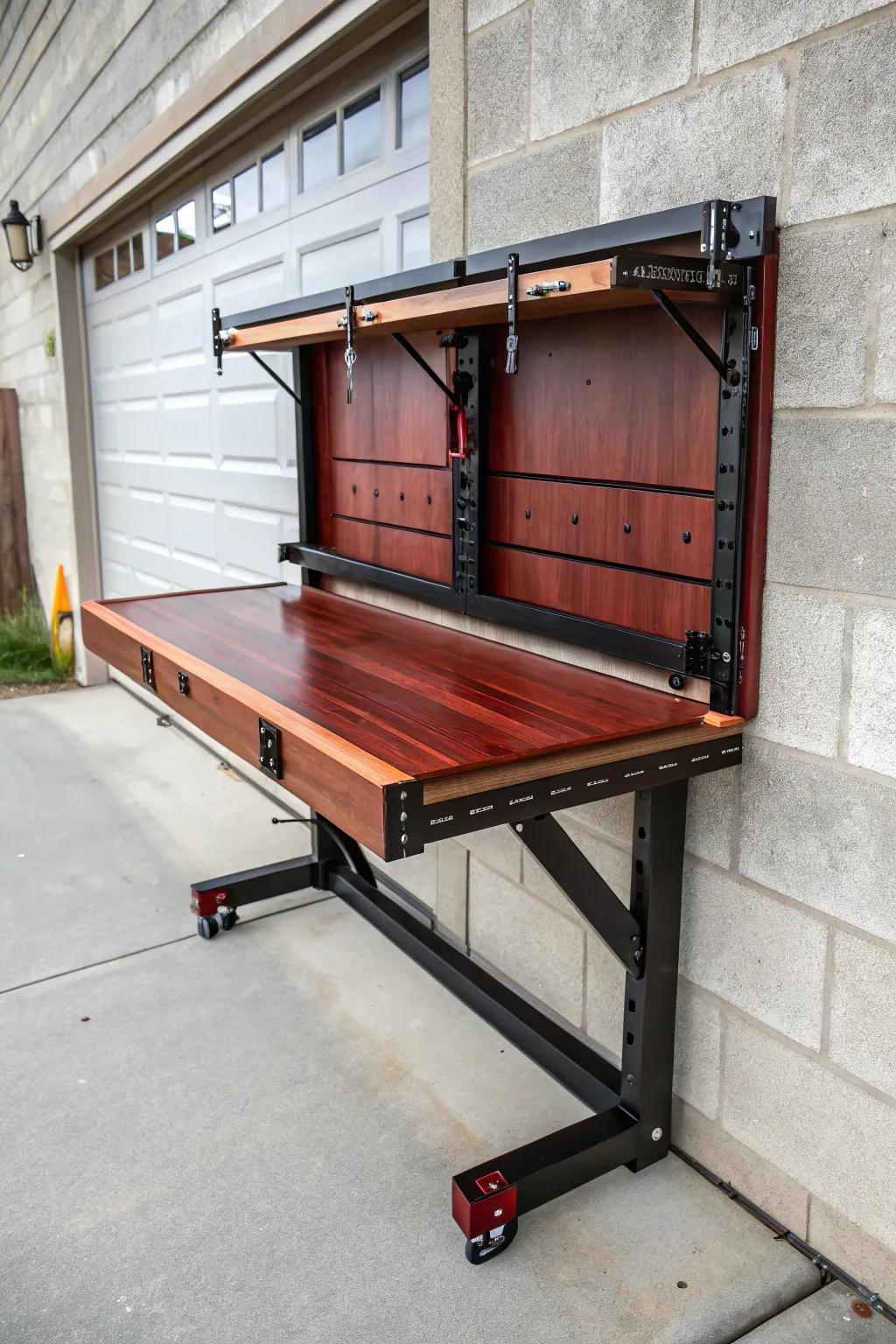 Transform your garage with a foldable workbench that's both a space-saver and a masterpiece of craftsmanship.