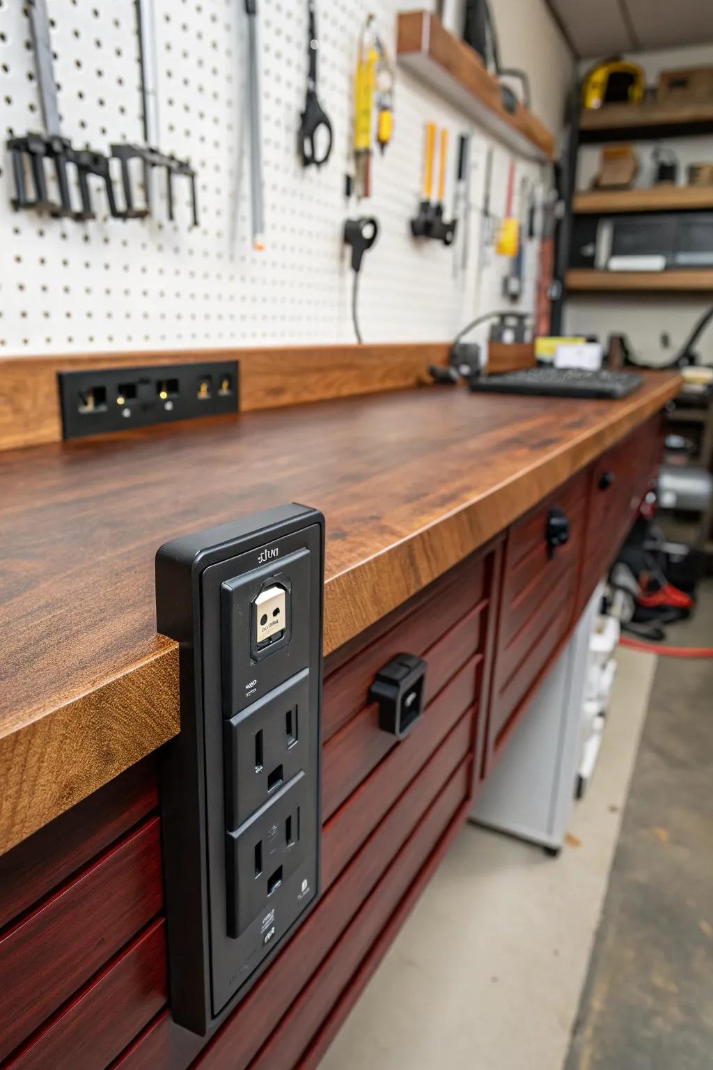 Power Up Your Craft: A sleek workbench with built-in power strip for seamless efficiency.
